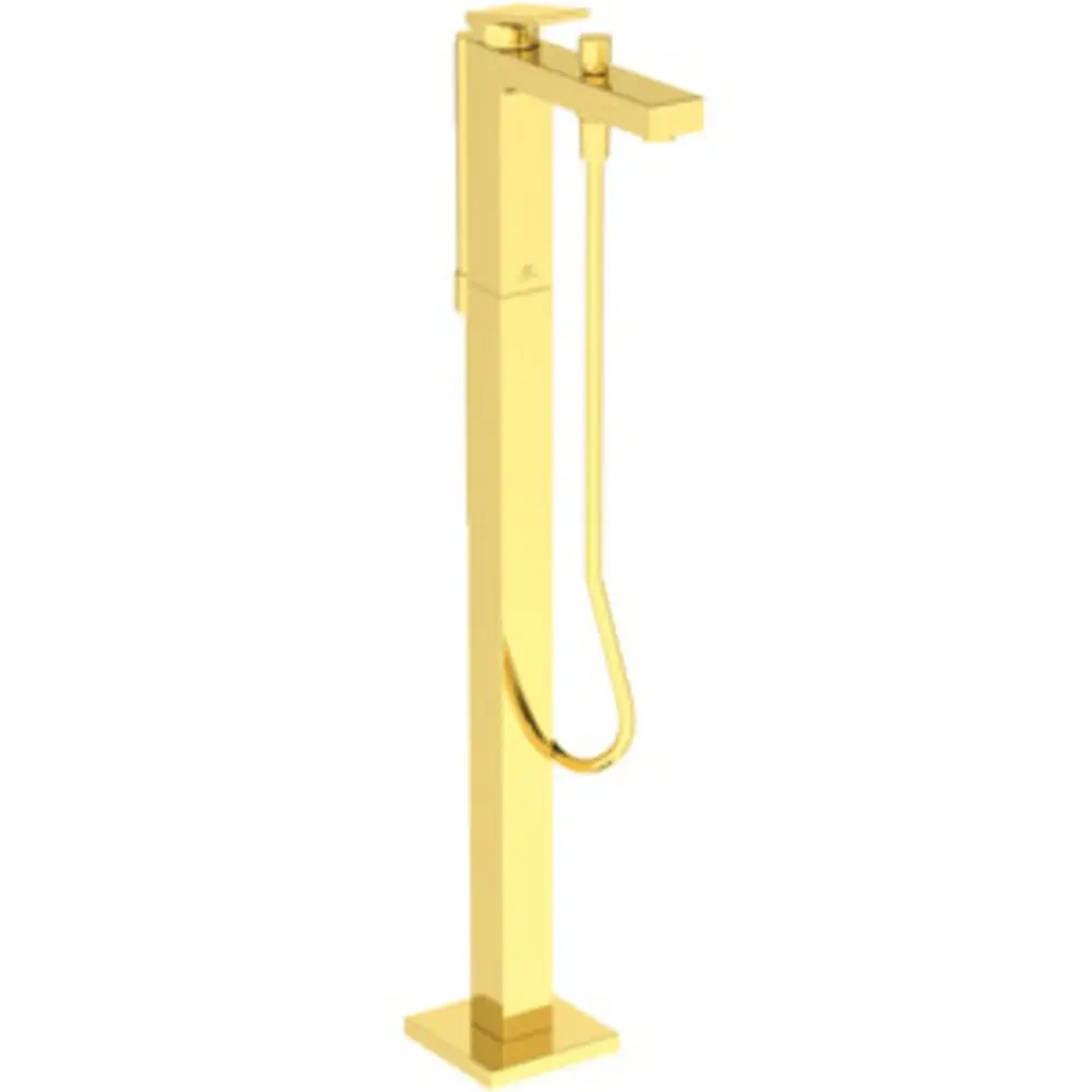 Freistehender Wasserarmatur mit Haltegriff und Auslauf, in brushed gold, von Ideal Standard. Die Konstruktion ist quadratisch mit klaren Linien und einem eleganten Design.